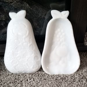 (2)Vntg. Hazel Atlas Milk Glass Pear Shaped Candy Nut Dish Floral /Fruit Pattern